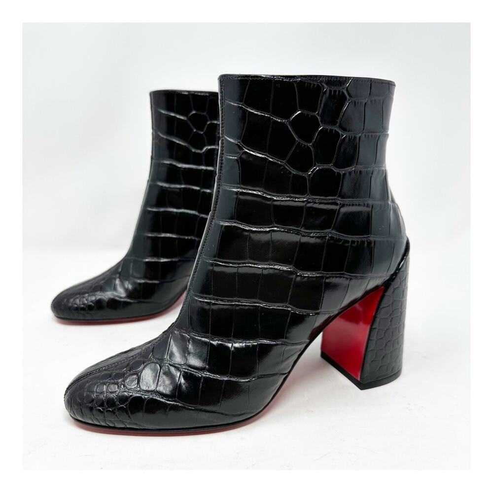 Christian Louboutin Turela Black Croc Embossed Leather Ankle Boots Women Size 37